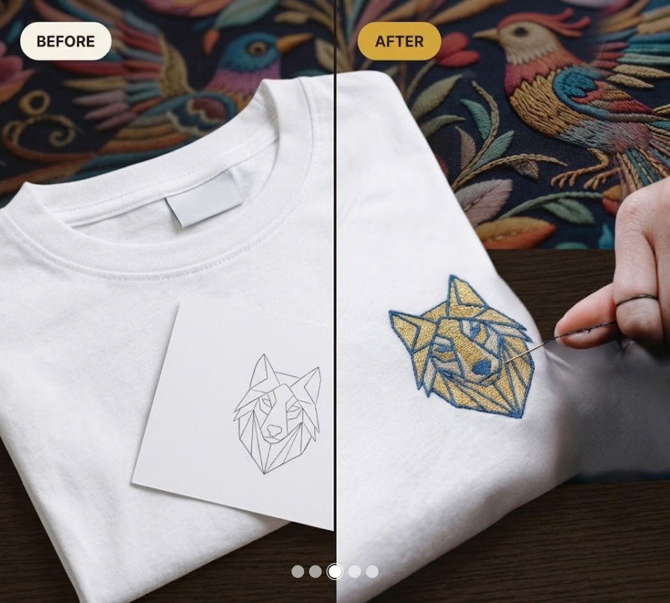 Before and after: a sketched geometric wolf design becomes gold embroidery on a white T-shirt