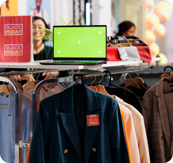 Printed shirts displayed on a rack in the EmbroLab workshop